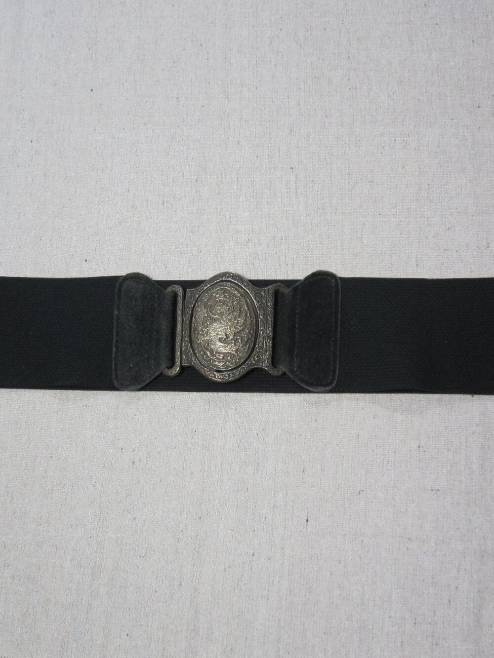 Vintage 80s Black Elastic Cinch Belt with Metal Griffin Clasp Buckle Made in USA